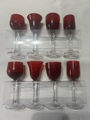 2 Sets of 4 Crate & Barrel Ruby Red Cordial Glasses Clear Stems. Open Box. 8 Pc