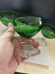 3 VINTAGE HOCKING GREEN CLEAR STEM BUBBLE FOOT CHAMPAGNE SHERBERT GOBLET GLASS