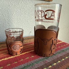 Libbey Bamco Vtg Tumbler Shot glass Set Glass Leather Holder Western Longhorn