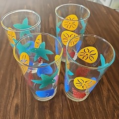 Vintage Libbey Glass Tumblers SET OF 4 Bright Colorful Sea Shells 6 1/4″ T 20 oz
