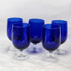 Set of 5 – Vintage Cobalt Blue Glass Goblets Tapered Stem Teardrop Clear Base