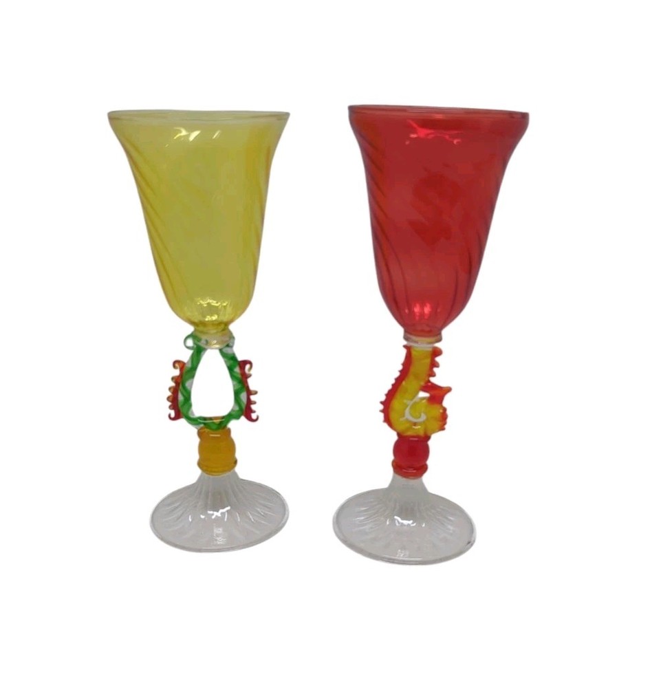 2 VTG Murano Venetian Cordial Glasses Salviati Hand Blown Art Glass Yellow Red