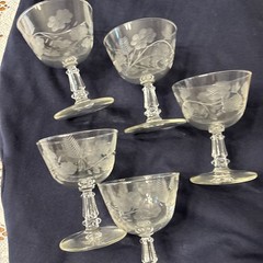 VTG Fostoria Lot of 5 Etched Cut Daisy Flower Wine Cordial Lead Crystal Glasses