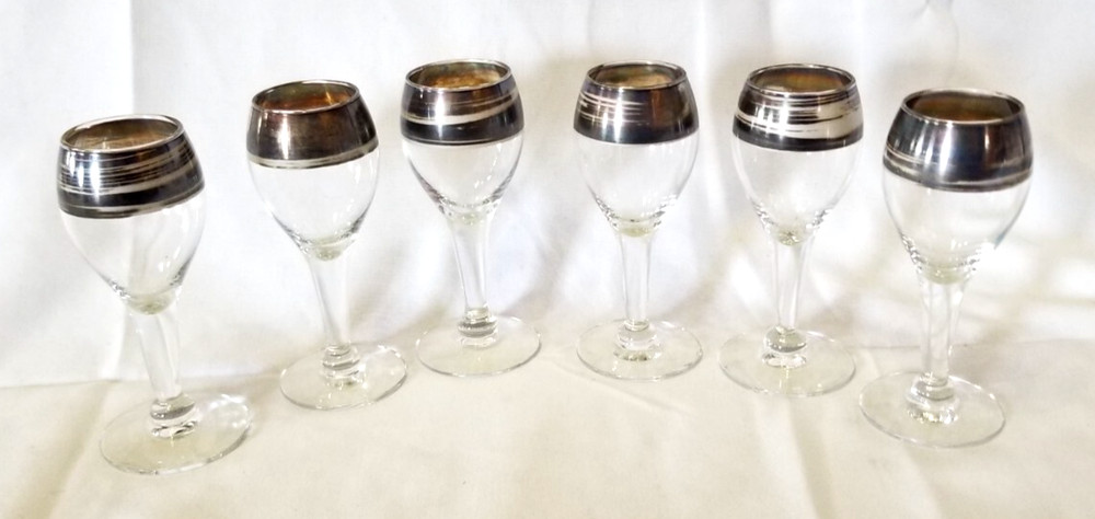 Silver Dipped Band Cordial Bar Glass SET of 6 Small 3.75″ Tall Dorothy Thorpe