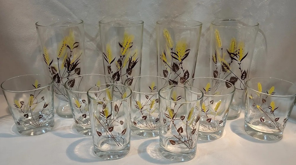 11-Vintage Clear Glasses/Barware Golden Wheat Design Country farmhouse Falldeco