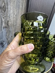 Vintage Indiana Whitehall Colony Cubist Glass Avocado Green Footed. Set Of 6