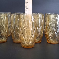 9 Vtg MCM Anchor Hocking Madrid Honey Gold Tumbler Drinking Glasses 5″ 13 oz