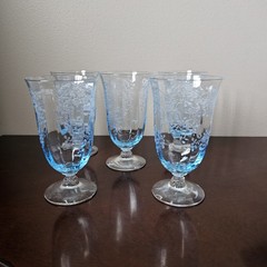 5 Fostoria Blue Meadow Rose Etched Juice Glasses 4.5″ Rare