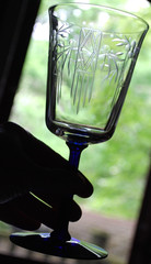 Antique Set 2 WATER GOBLET GLASSES Hand Blown ETCHED BOWL w/ COBALT BLUE STEMS