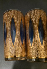 4 CULVER AQUA TIFFANY hiball glasses Gold blue panels FABULOUS CONDITION!