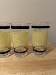VTG Rare 1940-50s Yellow BURLAP (4) Tumbler Retro Glasses Black Border Barware