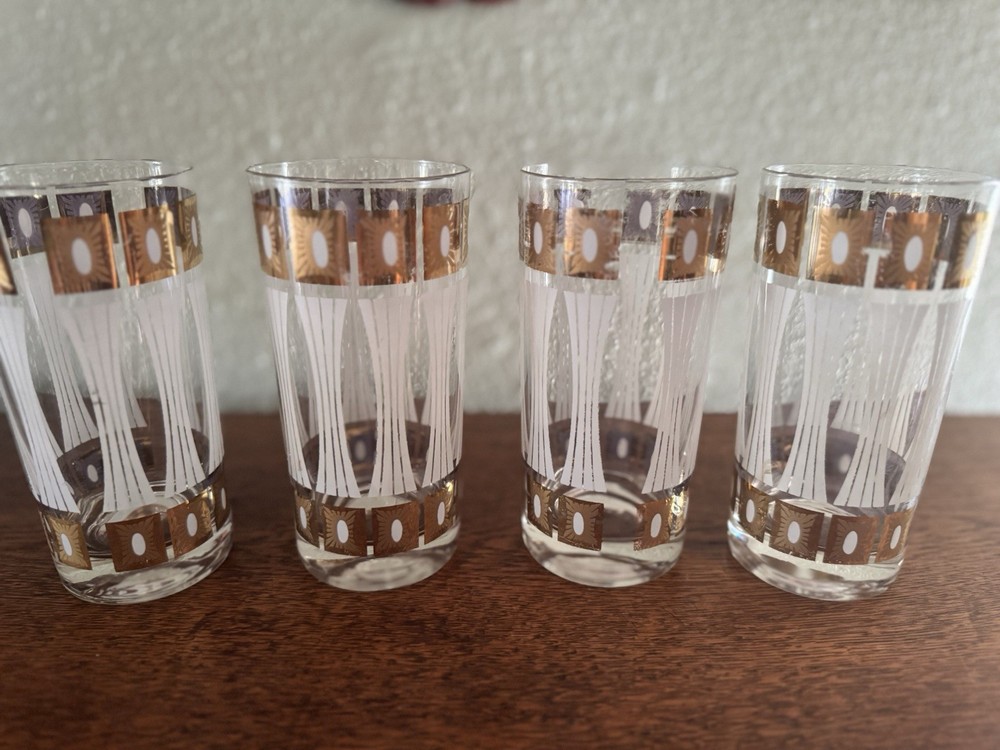 Four Fred Press Vintage Glassware White And Gold Burst/Column High Ball Glasses