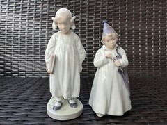RARE Pair of ROYAL COPENHAGEN Figurines:Girl w/book,Sandman Boy w/ Umbrella Mint