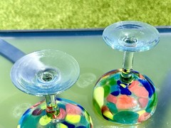 Vintage Mexican Confetti Margarita Glasses Set 2 Hand Blown Art Glass Barware