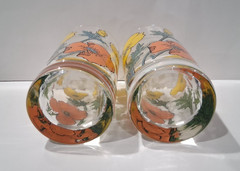 Vintage Set 2 Libbey Glass Tumblers Yellow Orange Flowers 12 oz MCM
