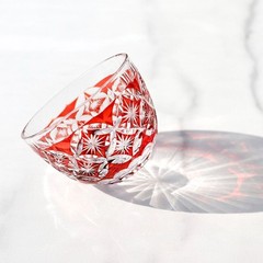 Red Edo Kiriko Glass Cup Small Shot Glasses For Sake Handmade Cased Glass 1.5oz