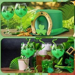 2 Pcs St. Patrick’s Day Shamrock Wine Glasses Hand Painted Irish Theme Clover