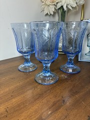4 Vintage Indiana Glass Recollection Blue Madrid Glass Water Goblets with Box