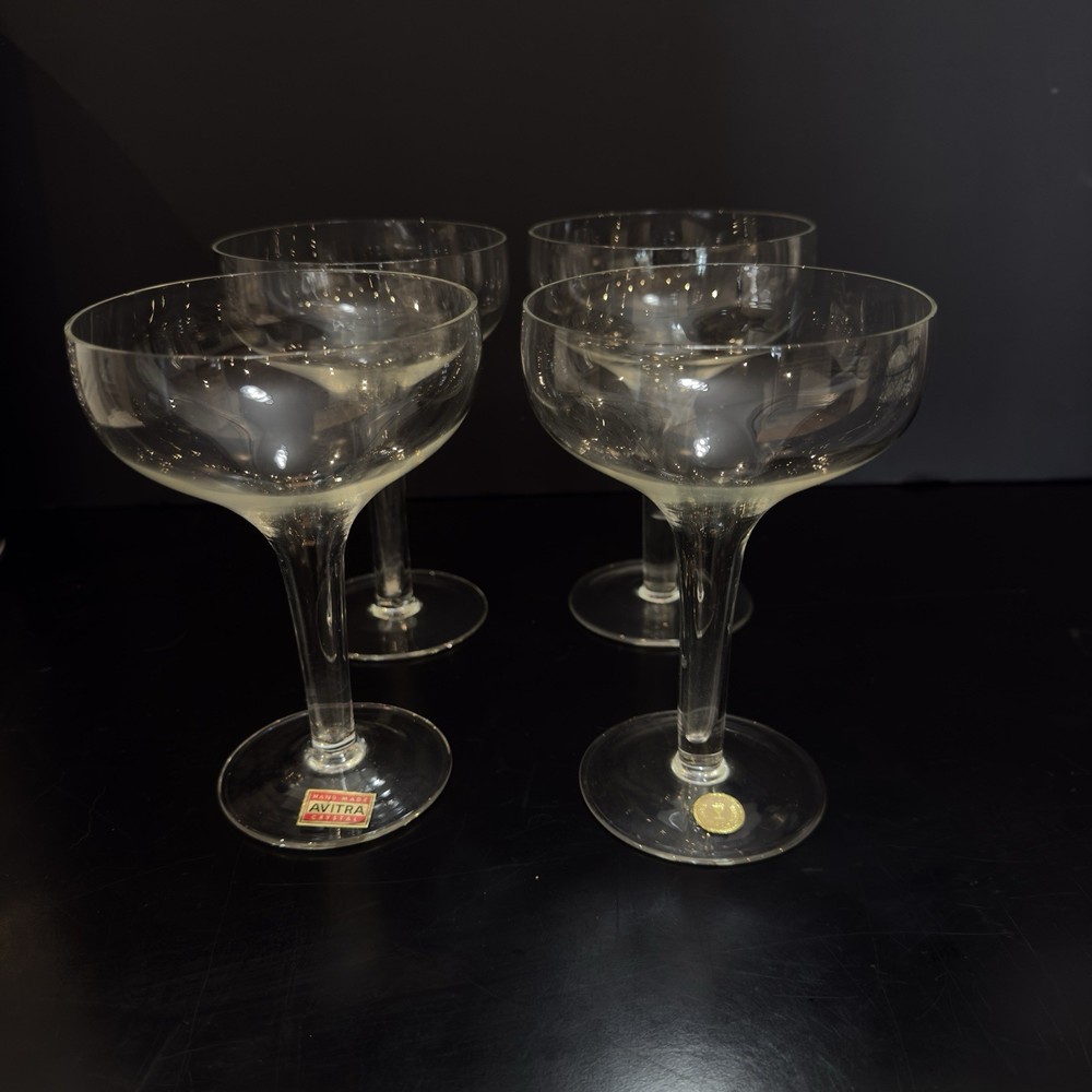 Vintage Avitra Romanian Crystal Coupe Hand Blown Champagne Glasses Set Of 4