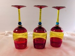 Water Goblets Set of 3 Pier 1 Festive Stripe Party Wine Gold Accents 9.25″ READ