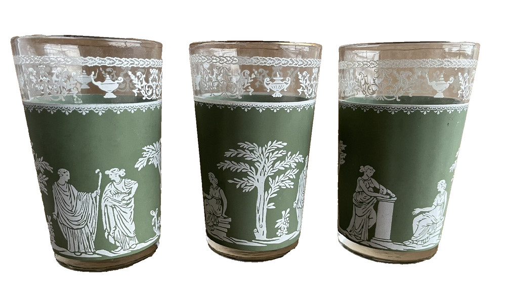 Wedgwood Green Jeanette Hellenic 3 3/4″ 4 oz Glasses Set of 3