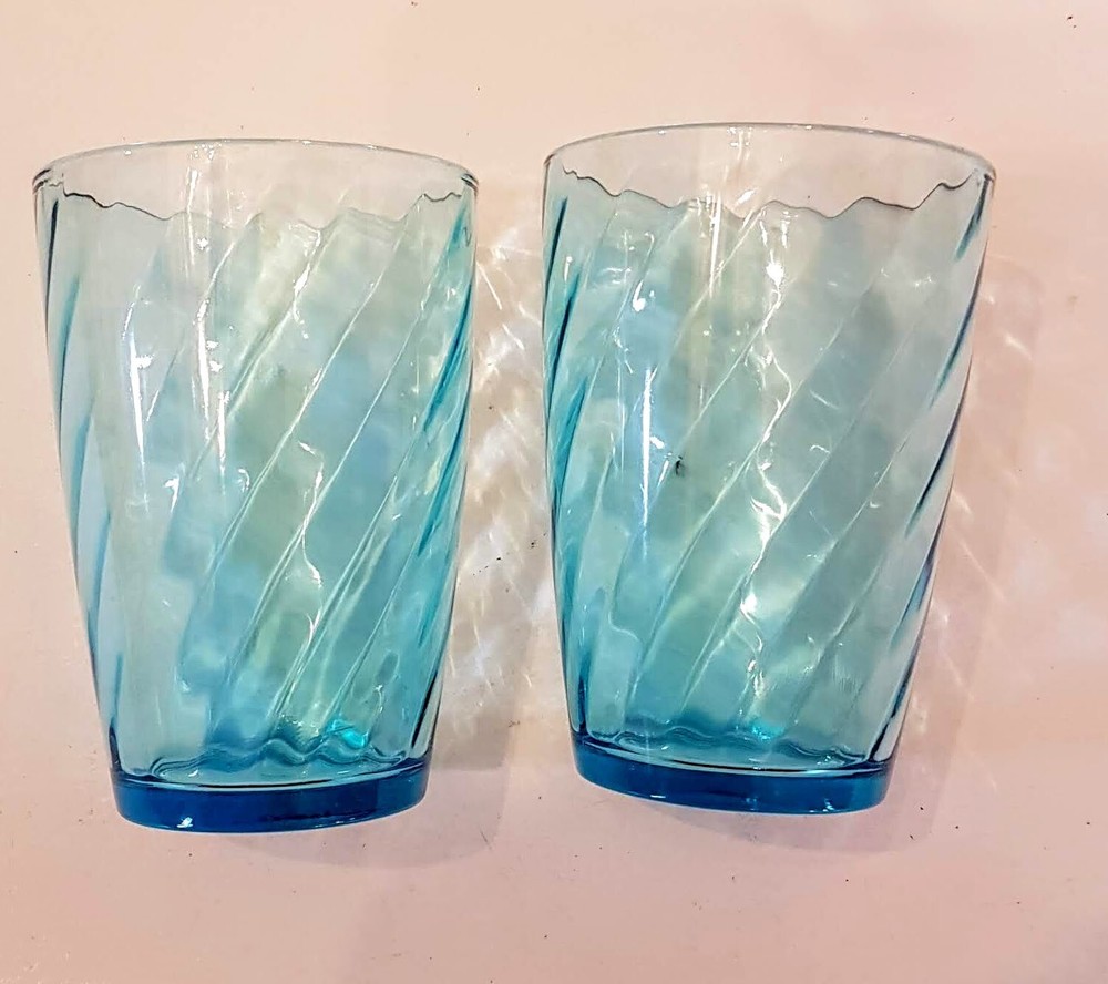 Hazel Atlas Aqua Blue Swirl Juice Tumbler LOT 8 oz Whiskey Rocks Glass Bar Ware