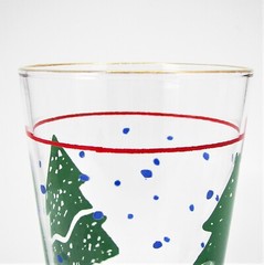 Christmas Tree Holiday Glass Tumbler Gold Rim Red Stripe Blue Snow Vintage