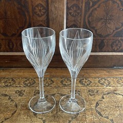 2 Gorham «Primrose» Crystal Wine Glass ~Vertical Cut Leaves ~Multifaceted Stem