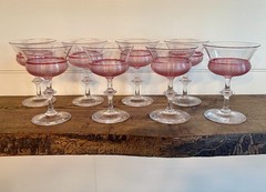 Steuben-Eight Carder Era Colorless & Gold Ruby Threaded Champagne Glasses #6360