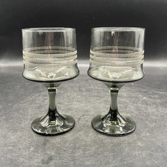 Libbey Impromptu Wine Glasses Frosted Stripe Smoke Gray Set Of Two Vintage MCM