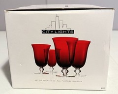 Vintage Noble Excellence City Lights Red Hand Blown Water Goblets 7” X 4” In Box