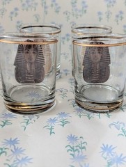 Vintage Culver King Tut Glasses Set of 4 22k Gold Metallic Egyptian Art Deco MCM