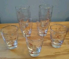 7-Mid Century Retro Pink Turquoise Gold Floral Barware 2 Tall & 5 Short, Rare