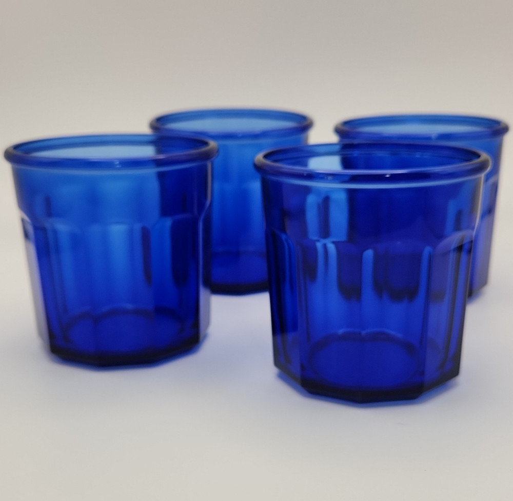 Set of 4 Vintage Luminarc Cobalt Blue 10-Panel Tumblers 500ml (14–16 oz) MCM