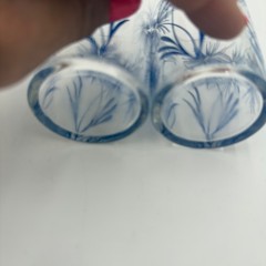 Two Vtg Midcentury 1950’s Beverage Drinking Glass Blue Floral Print 3.25″x2″
