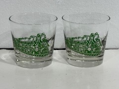Two (2) Libbey Green Train Locomotive Lowball Rocks Glasses