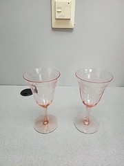 Two Vintage Pink Depression Optic Etched Wine Glasses