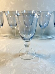 VTG Blue Iridescent Lustre Wine Cordials W/Clear Bulbous Stem 4” Tall ~ Set Of 6