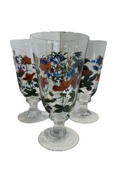 Vintage Oneida Crimson Bloom Hand Painted Hand Blown Floral Ice Tea Glass Set 4