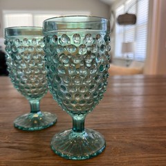 Set Of 3 Hobnail Vintage Style Teal/Green Goblets Glasses 7” Footed Heavy