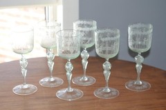 6 Vintage Murano Hand Blown Hand Etched Wine Glasses Mint Green 1950’s Cherubs
