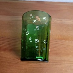 Antique Green Enameled Art Glass Tumbler Victorian Bohemian Gold Floral Design