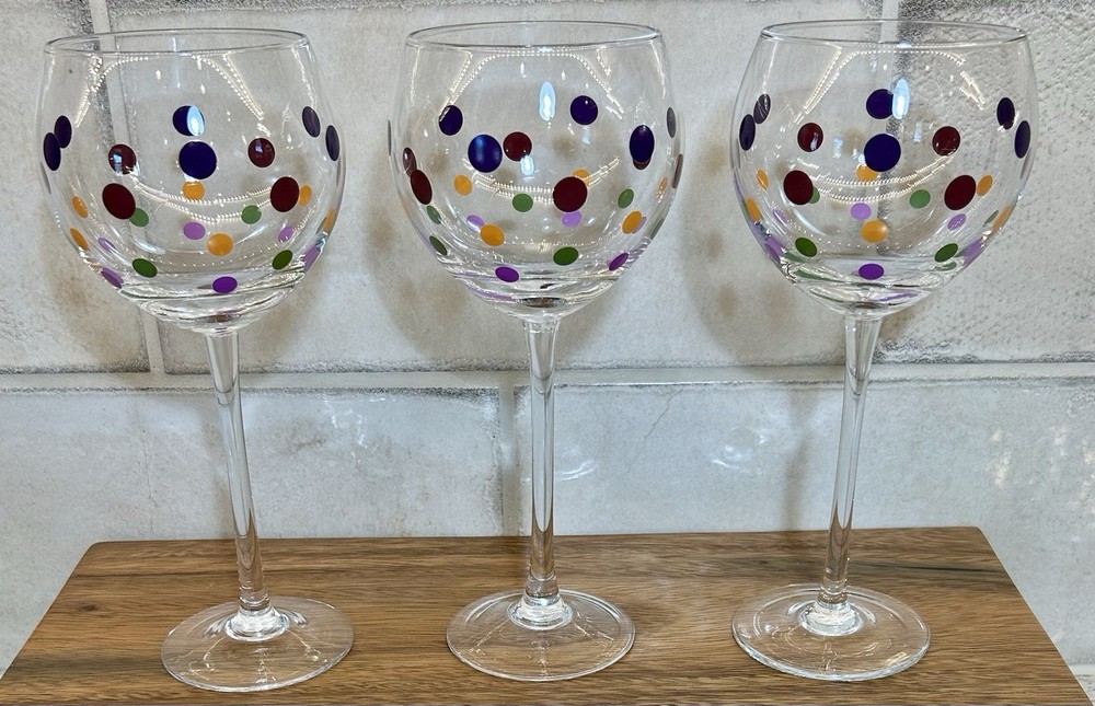 Set Of 3 Pampered Chef Simple Additions Dots Balloon Wine Glasses Multicolor