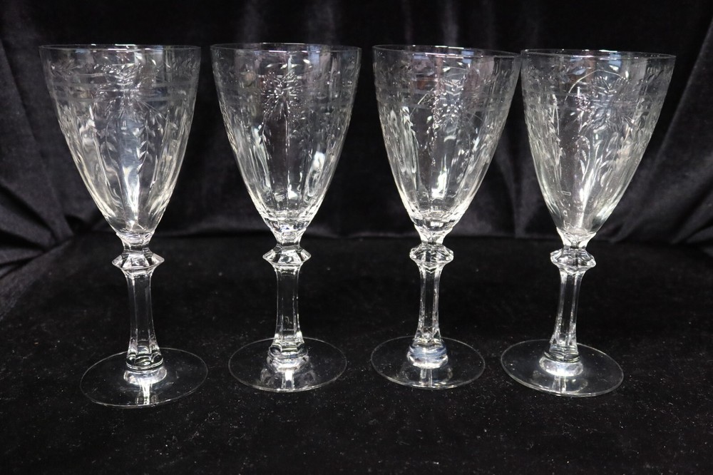 BEAUTIFUL ETCHED FLOWERS & LEAVES CUT BAND MULTISIDED STEM 4 WATER GOBLETS 7 3/4