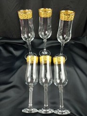 MARCELLO AGLIERI CRYSTAL 24K GOLD EMBOSSED CHAMPAGNE GLASSES 6X