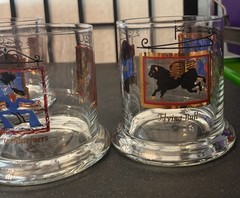 8 “WHITE HORSE CELLAR 1742″ Scotch Whiskey Footed Rocks Glasses. MCM Barware