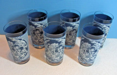 Vintage Currier & Ives Jeannette Royal 12oz Tumbler ice Tea Glass Blue Set of 6