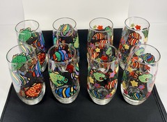 (8) Vintage Libbey Tropical Fish 16 Oz Drinking Glass Tumblers Colorful MCM EUC
