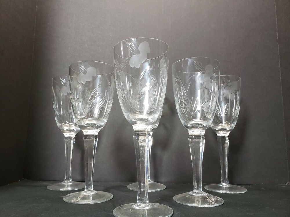 6 Large Vintage Hand Blown Crystal Water Wine Goblets Wheel Cut Floral Design 9″