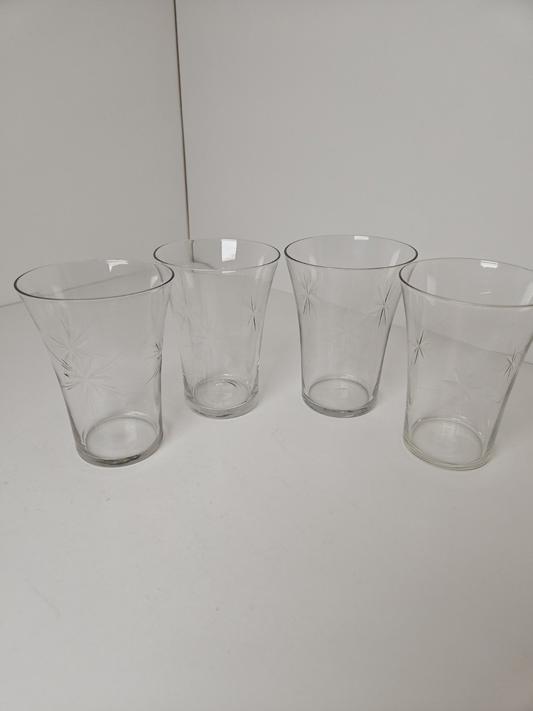 Fostoria Etched Atomic Sunburst Pattern. 4 Juice Glasses